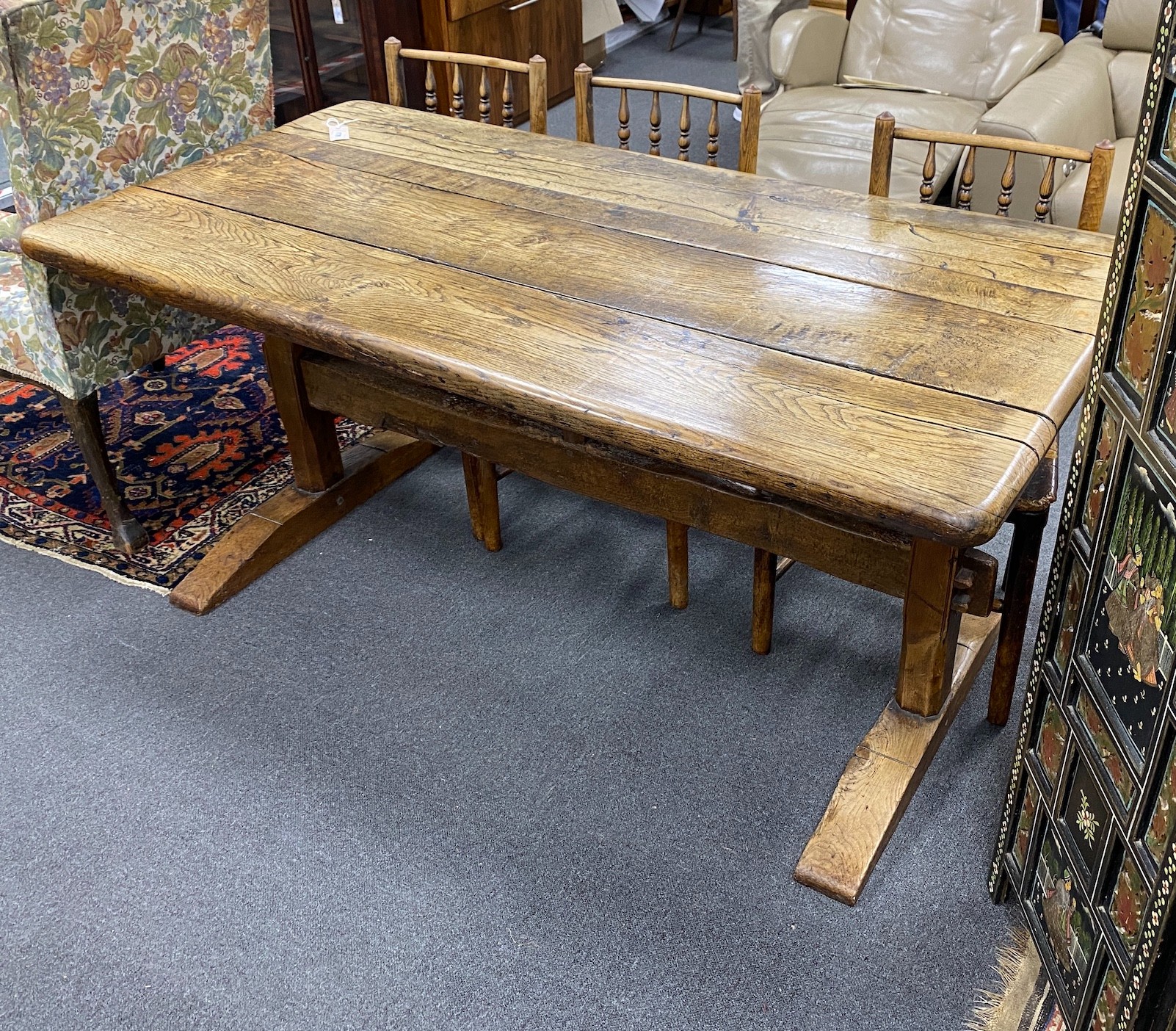 An antique oak refectory dining table, length 162cm, width 82cm, height 74cm